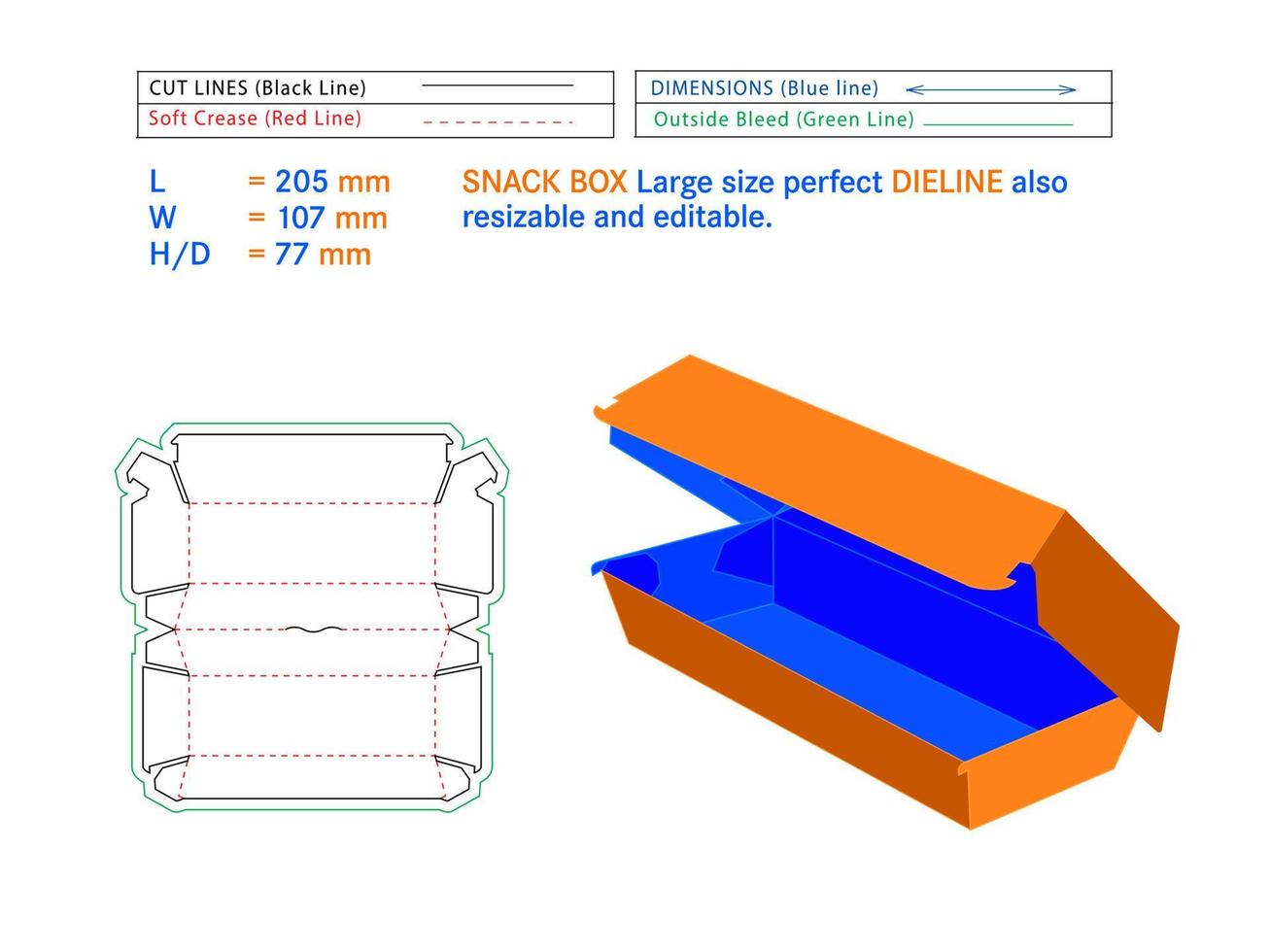 scatola snack grande formato perfetto dieline 205 x 107 x 77 mm dimensioni o scatola per hamburger modello fustellato autoassemblante ecologico, scatola senza colla, scatola per hamburger fast food vettore