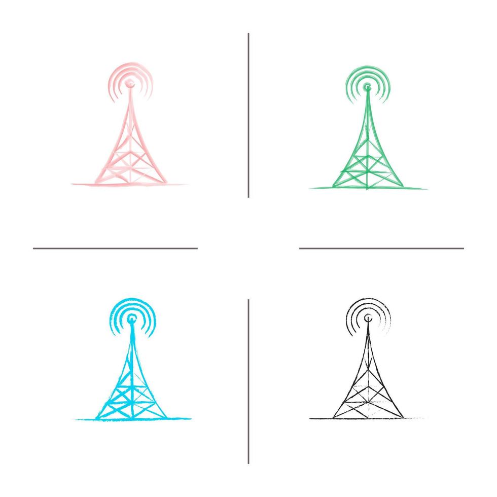 set di icone disegnate a mano della torre radiofonica. antenna. pennellata di colore. illustrazioni abbozzate vettoriali isolate