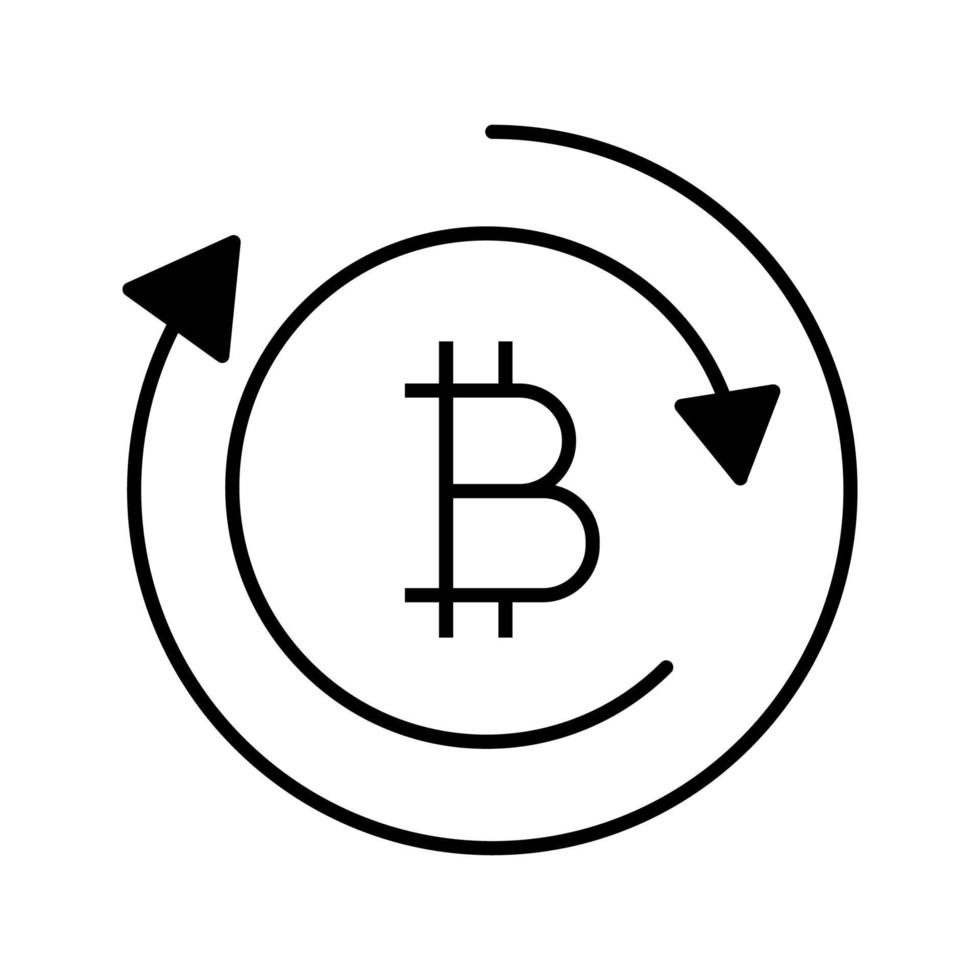 icona del glifo con cambio bitcoin. simbolo di sagoma. transazione di valuta digitale. estrazione di criptovalute. moneta bitcoin con frecce. spazio negativo. illustrazione vettoriale isolato