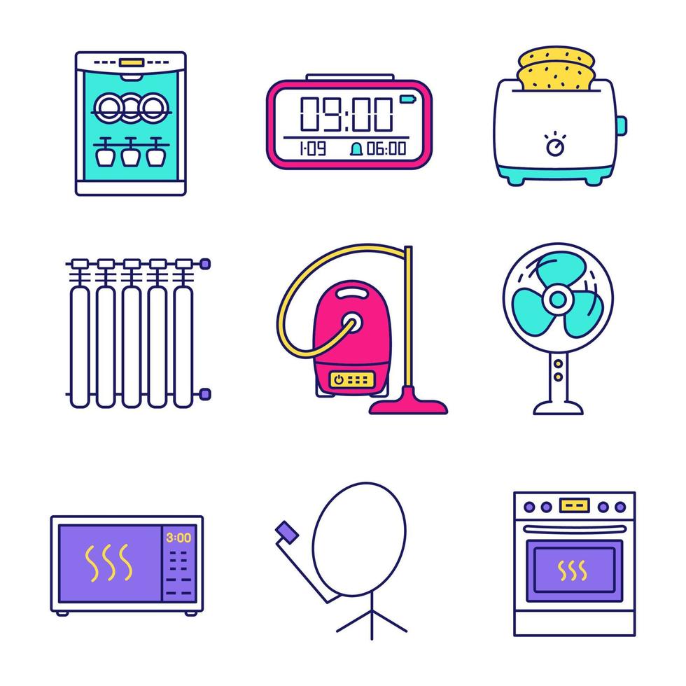 set di icone di colore degli elettrodomestici. lavastoviglie, orologio digitale, tostapane, termosifone, aspirapolvere, ventilatore a pavimento, forno a microonde, antenna satellitare, piano cottura. illustrazioni vettoriali isolate