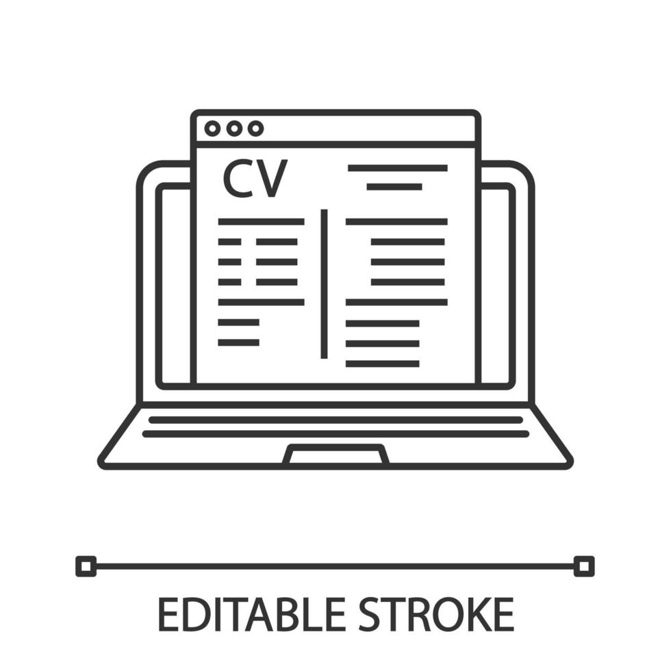 icona lineare di domanda di lavoro online. sito web per la ricerca di lavoro. illustrazione di linea sottile. generatore di curriculum online, creatore di cv. sito web di reclutamento. contorno vettoriale isolato disegno di assieme. tratto modificabile