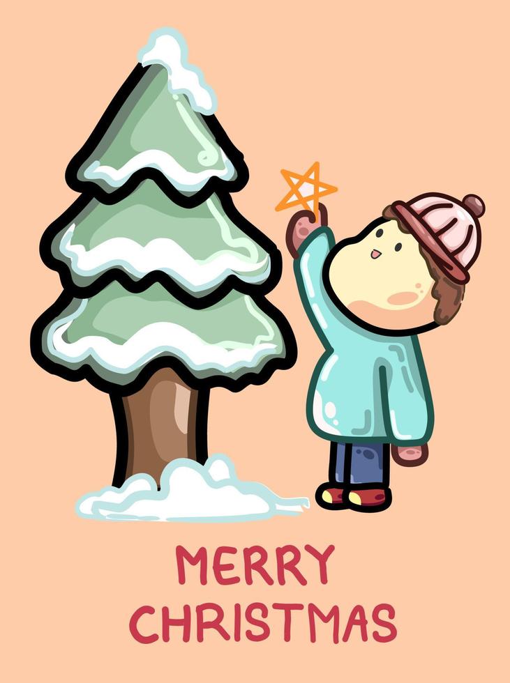 cartolina di natale ragazzo carino in piedi accanto a un albero di pino innevato doodle fumetto illustrazione vettoriale