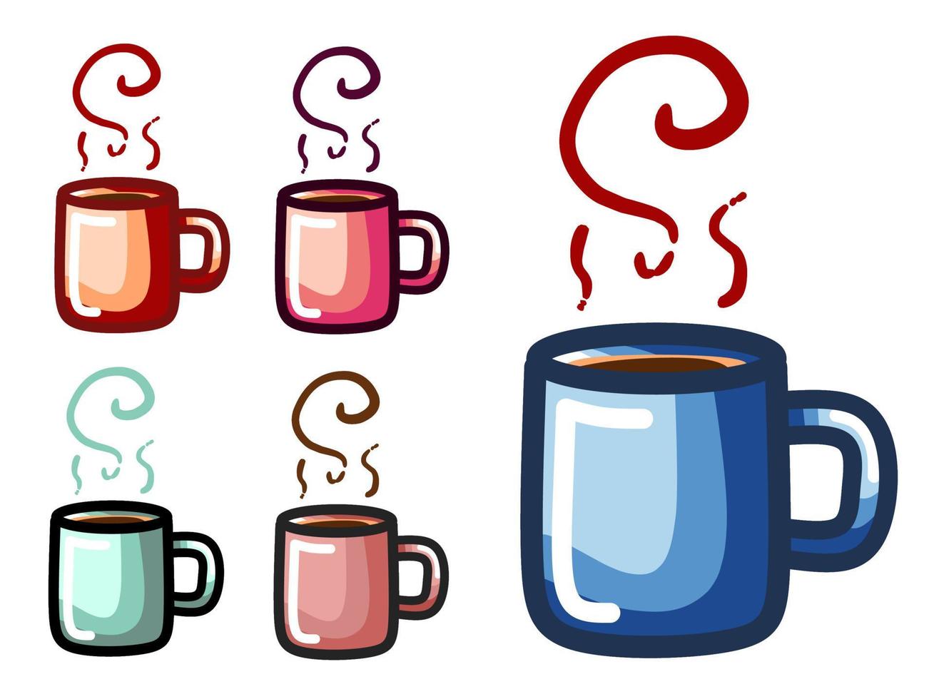caffè e cioccolata calda tazza di latte set fumetto illustrazione vettoriale