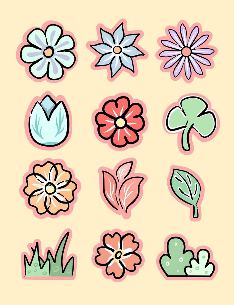 set di icone di fiori di primavera piatta in isolato su bianco. simpatiche illustrazioni in colori tenui per adesivi, etichette, cartellini, scrapbooking vettore