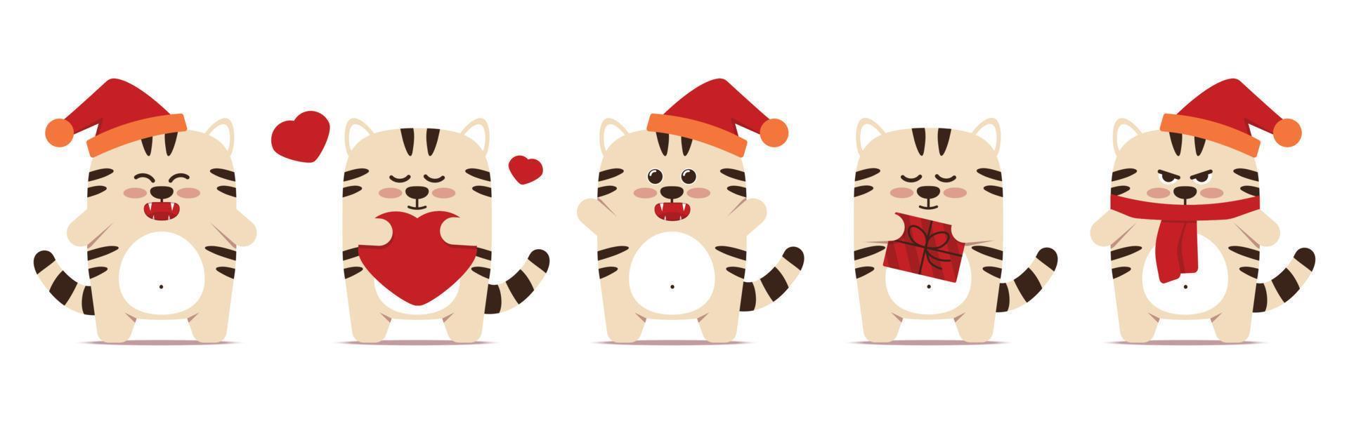 simpatici gatti tigri in uno stile piatto. il simbolo del capodanno cinese 2022. un animale con un berretto natalizio, con un regalo in una scatola, con un cuore. una tigre bianca imbronciata arrabbiata si siede e si alza. vettore