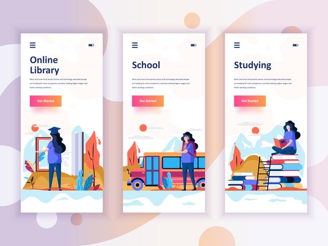 Set di kit di interfaccia utente per schermi onboarding per Education, School, Studying, concept di modelli di app per dispositivi mobili. UX moderno, schermo dell&#39;interfaccia utente per sito web mobile o reattivo. Illustrazione vettoriale