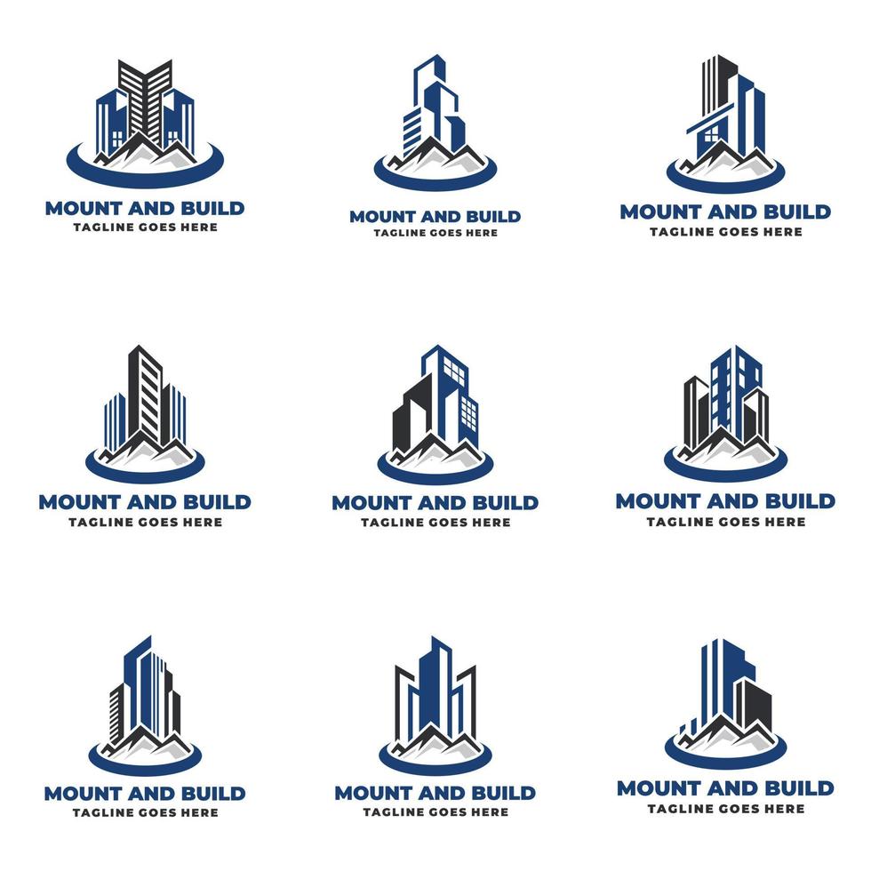 montagne ed edifici logo design immobiliare set icona vettore illustrazione design