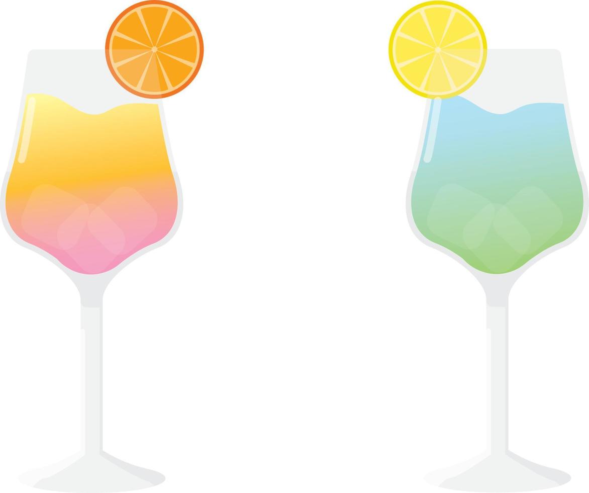 coppia di cocktail colorati, colori sfumati: uno è giallo-arancio-rosa e l'altro è verde-blu. hanno del ghiaccio dentro, un'arancia e un limone sulle pareti dei bicchieri. vettore