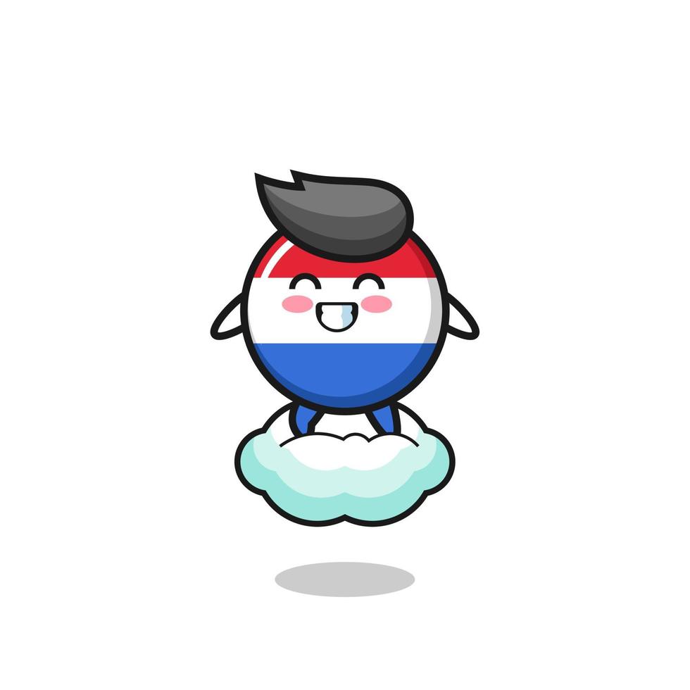 simpatica illustrazione della bandiera dei Paesi Bassi che cavalca una nuvola galleggiante vettore