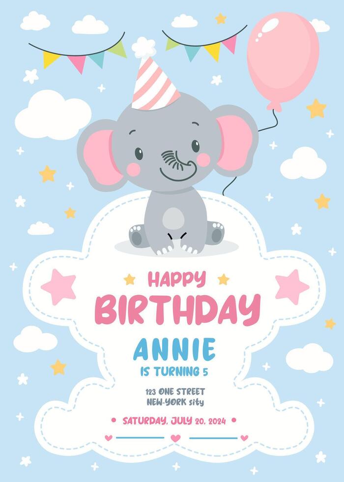 compleanno invito carta design con carino elefante e Palloncino. vettore illustrazione di modello su colorato sfondo. invito per bambini. pronto per uso e modificabile modello.