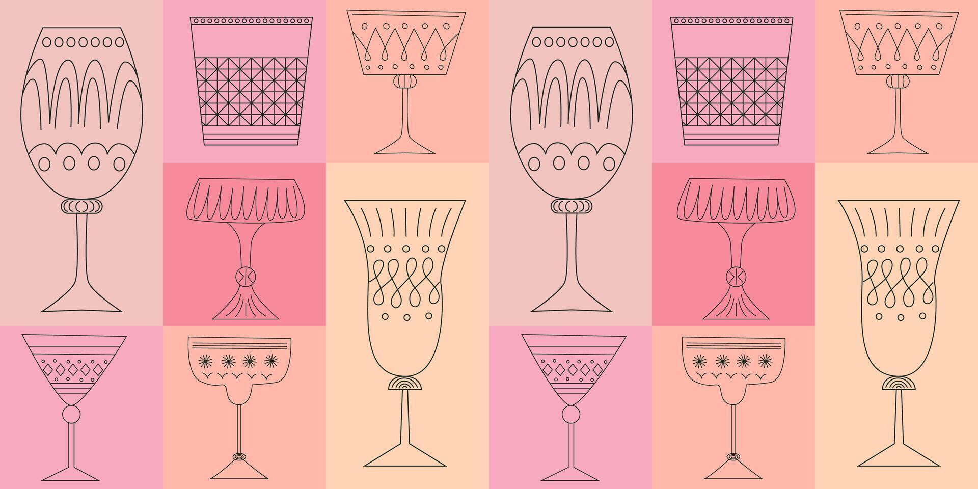 senza soluzione di continuità modello di alcolizzato cocktail nel bicchieri di diverso forme. bevande nel diverso tipi di Vintage ▾ occhiali. linea arte vettore illustrazione nel rosa colore. cartone animato retrò stile.