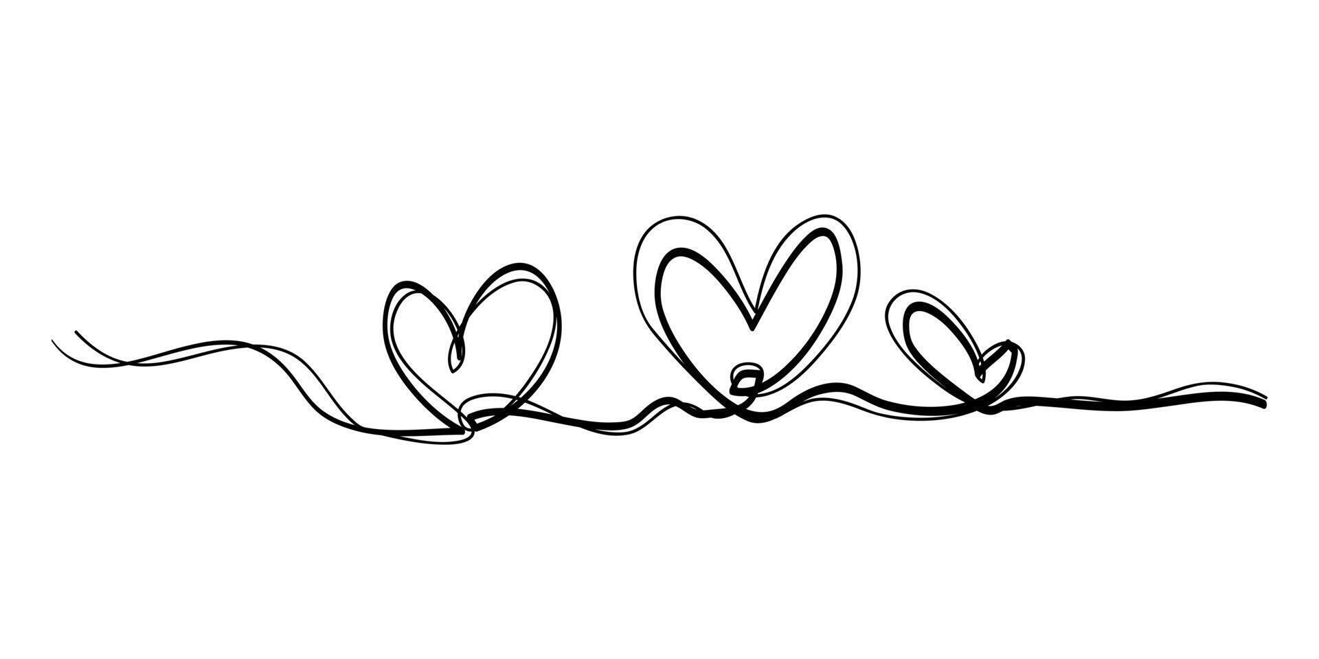 continuo uno linea disegno cuore simbolo, scarabocchiare cuori. mano disegnato con magro linea. design manifesto arte Stampa. vettore illustrazione