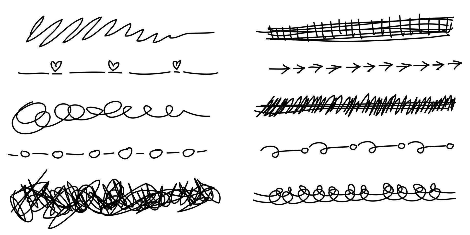 mano disegnato impostato di sottolineare, Riccio fruscii, sciabordi, piomba. vortice. evidenziare testo elementi. vettore illustrazione