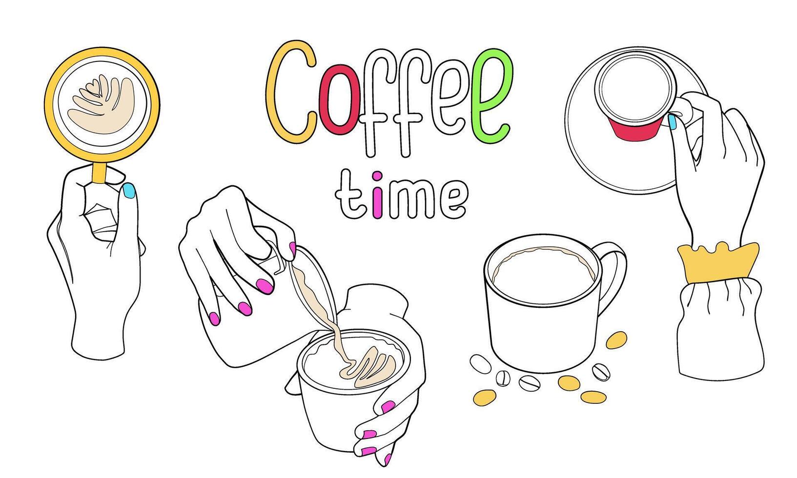 umano mani siamo Tenere tazza di caffè. barista fa cappuccino. scarabocchio schema vettore illustrazione per bar design