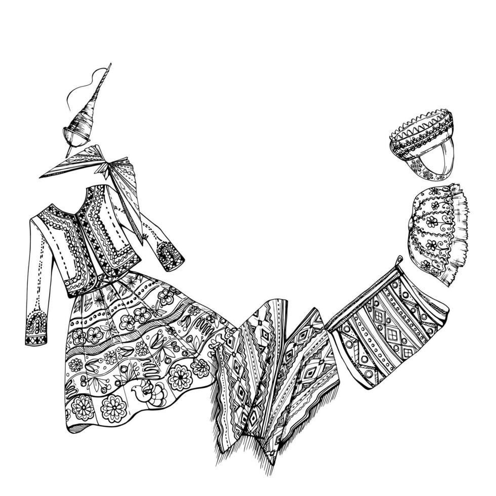 mano disegnato inchiostro vettore illustrazione, ricamato nazionale indiano Abiti Sud centrale America moda cultura. ghirlanda telaio isolato su bianca sfondo. design viaggiare, vacanza, opuscolo, Stampa