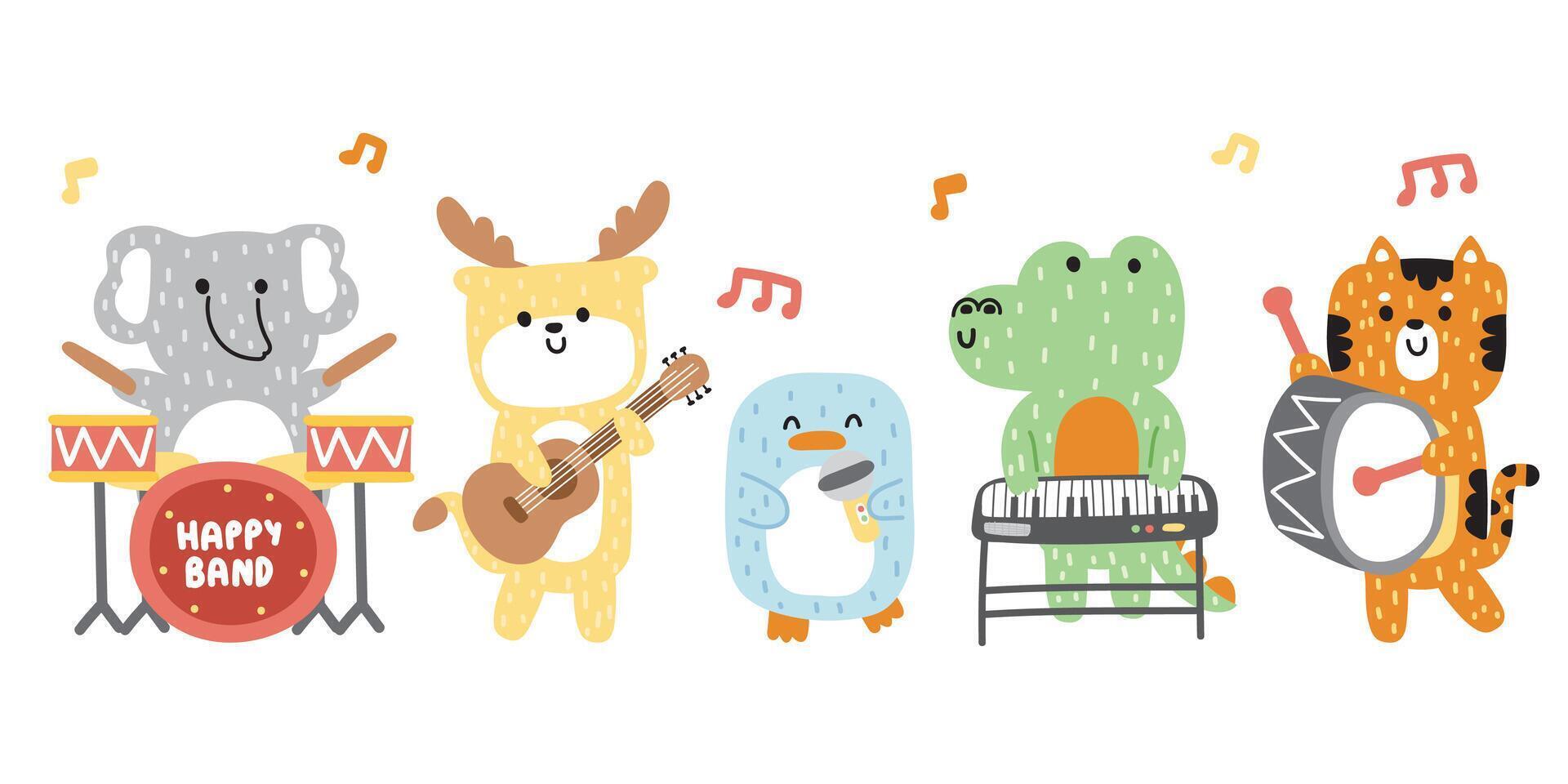 impostato di carino animale morbido capelli giocando musicale strumenti.concerto.musica.canzone.elefante,cervo,pinguino,coccodrillo,tigre mano personaggio.disegnato cartone animato design.kawaii.vettore.illustrazione. vettore