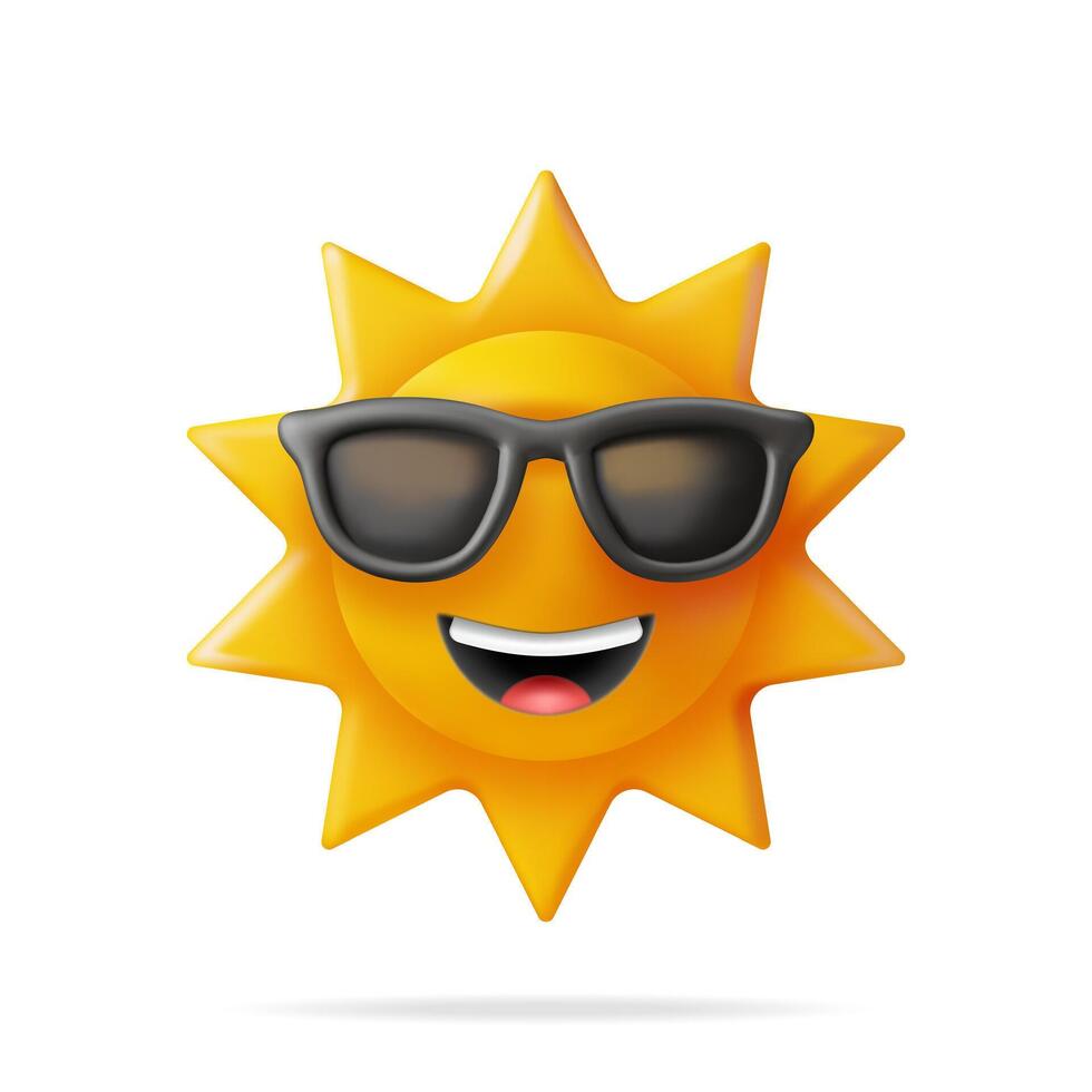 3d sole emoji icona isolato su bianca. rendere tempo metereologico sole simbolo. luce del sole emoticon giallo carino luce del sole nel occhiali da sole. tempo atmosferico, clima previsione. concetto di estate vacanze. viso vettore illustrazione