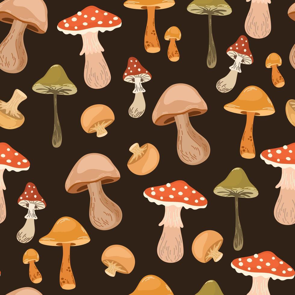 funghi modello. senza soluzione di continuità sfondo, autunno foresta Stampa. infinito fungo struttura design. autunno fungo, ripetendo fondale per avvolgere, tessuto, tessile. stampabile ripetibile piatto vettore illustrazione