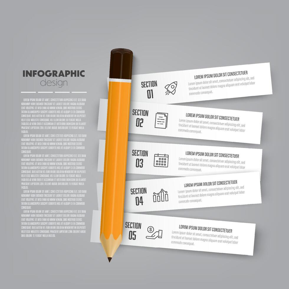 vettore Infografica design matita posto su etichetta elementi Compreso grafici, icone, e attività commerciale concetto grafici con 5 opzioni.