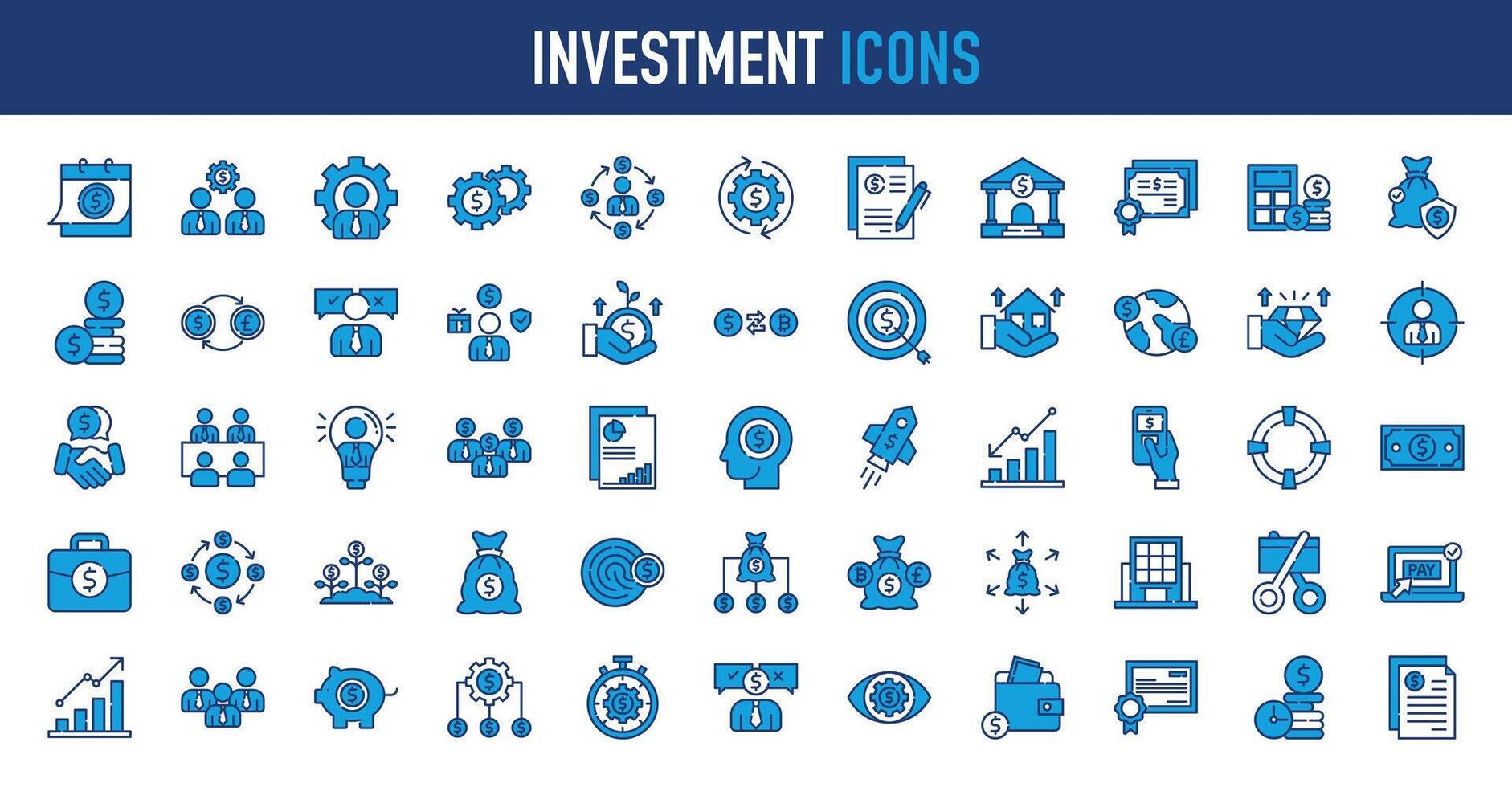 investimento icona impostare. come come profitto, bene, investitore, portafoglio, dividendo, capitale, rischio, processi, accordo, progetto gestore, grafico, inflazione icone vettore illustrazione collezione.