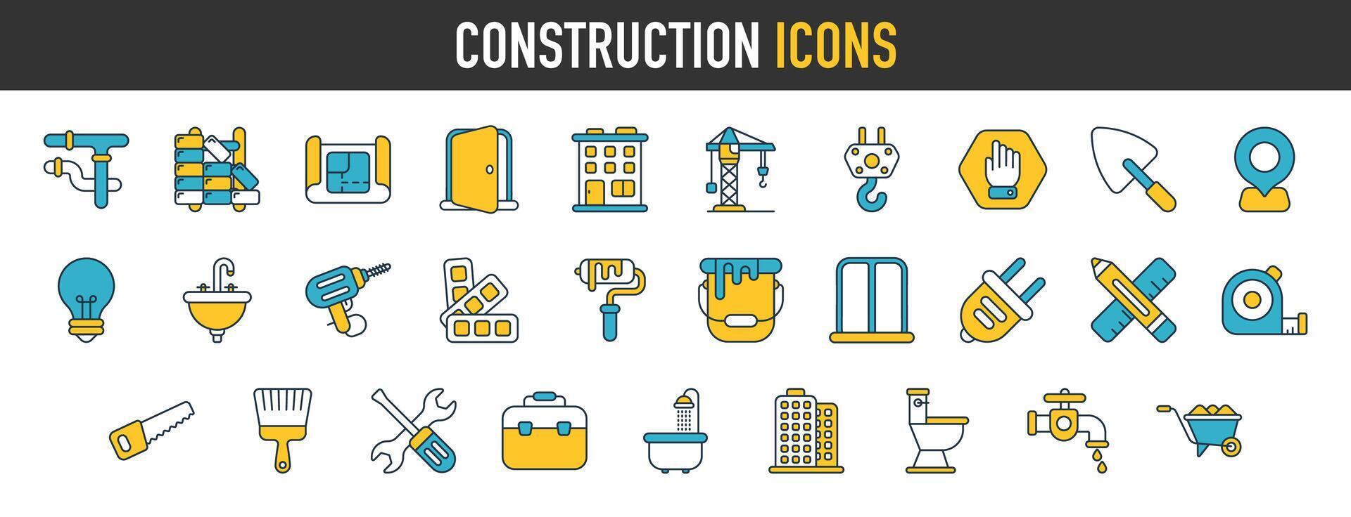 costruzione icone impostare. come come casa riparazione Strumenti, Posizione, spazzola, vernici, misurazione nastro, lavello, tubatura, colore tavolozza, lampadina, costruzione, spina e di più. vettore icona collezione.