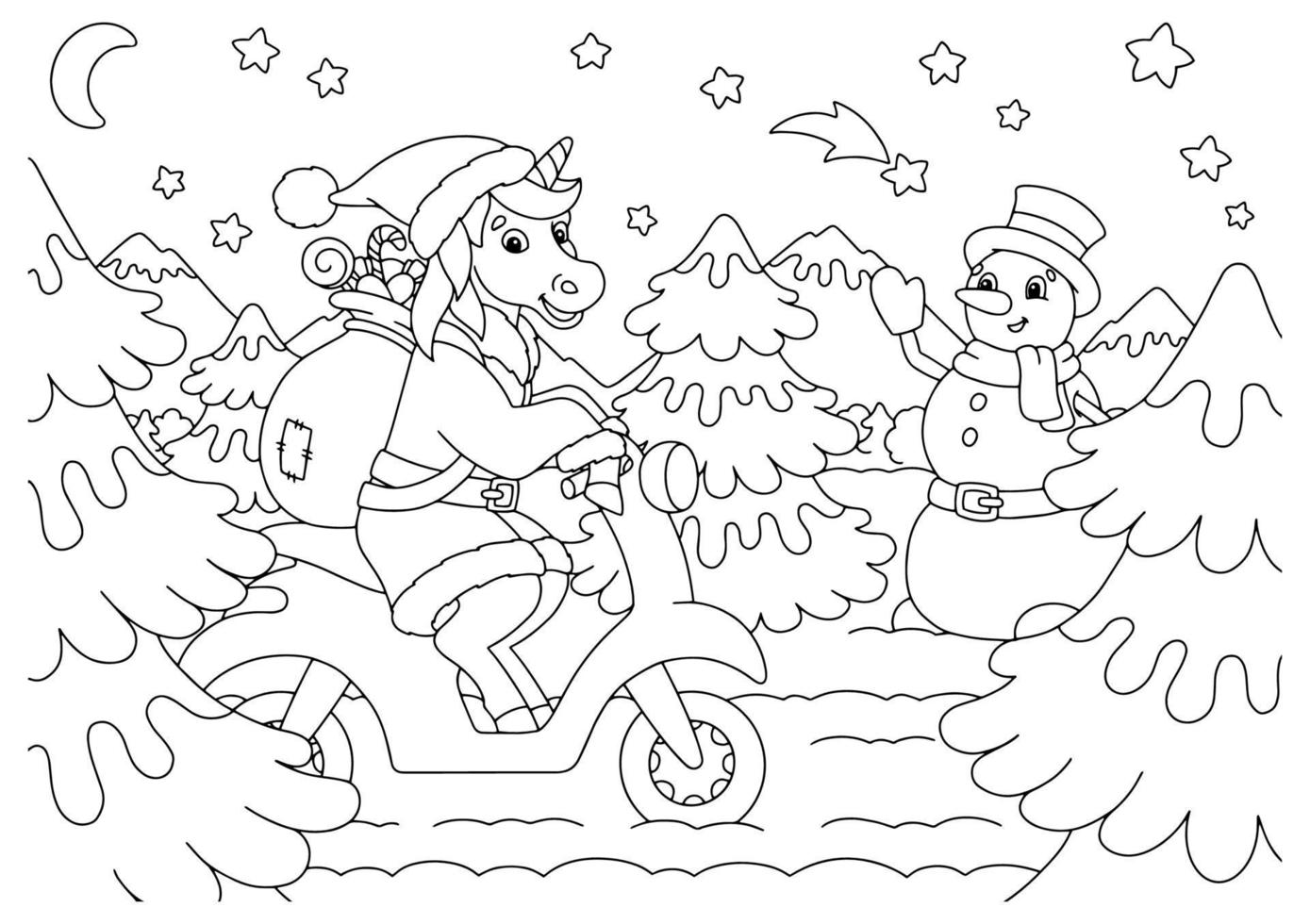 l'unicorno cavalca un motorino e porta doni. pagina del libro da colorare per bambini. personaggio in stile cartone animato. illustrazione vettoriale isolato su sfondo bianco.