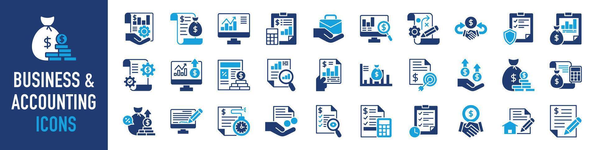 attività commerciale e contabilità icona impostare. contenente finanziario dichiarazione, contabile, finanziario revisione, fattura, imposta calcolatrice, attività commerciale ditta, imposta Restituzione, reddito e equilibrio foglio icone. vettore illustrazione.