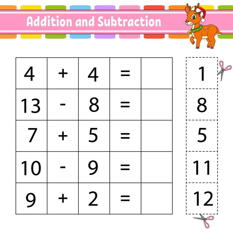 addizione e sottrazione. compito per i bambini. taglia e incolla. foglio di lavoro per lo sviluppo dell'istruzione. pagina delle attività. gioco per bambini. personaggio divertente. illustrazione vettoriale isolato. stile cartone animato.