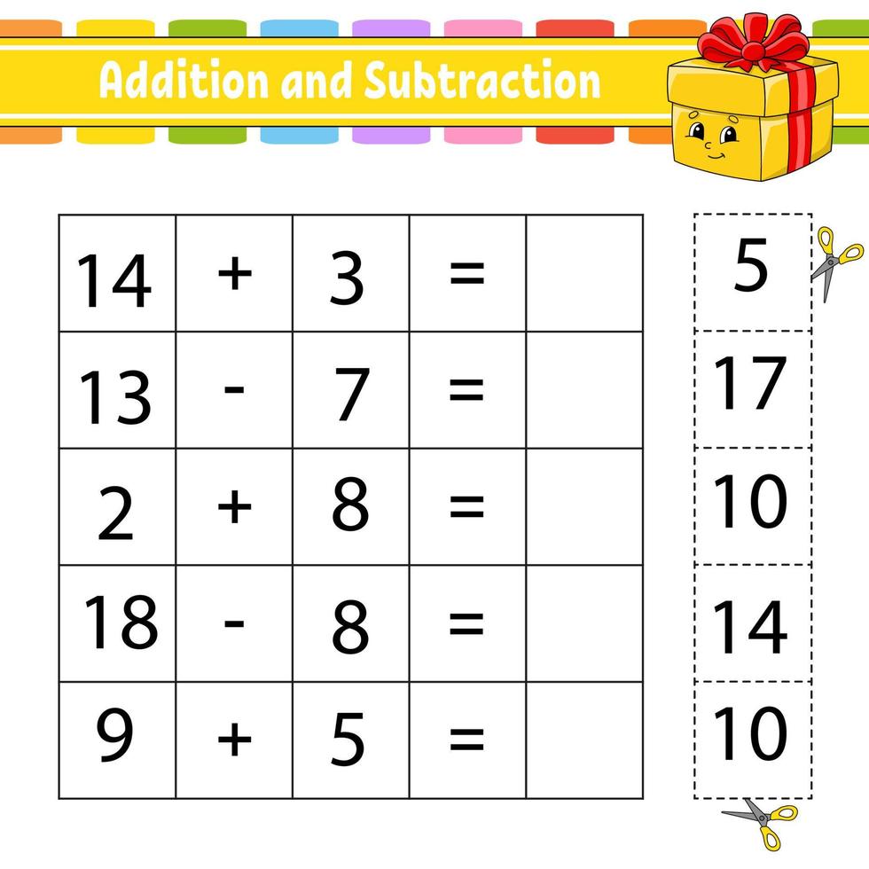 addizione e sottrazione. compito per i bambini. taglia e incolla. foglio di lavoro per lo sviluppo dell'istruzione. pagina delle attività. gioco per bambini. personaggio divertente. illustrazione vettoriale isolato. stile cartone animato.