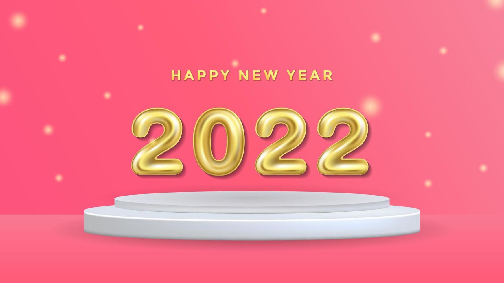 felice anno nuovo modello di sfondo 2022 sul podio. illustrazione vettoriale di vacanza romantica di numeri di palloncini 3d 2022. sfondo minimalista di numeri di palloncini di elio d'oro 2022