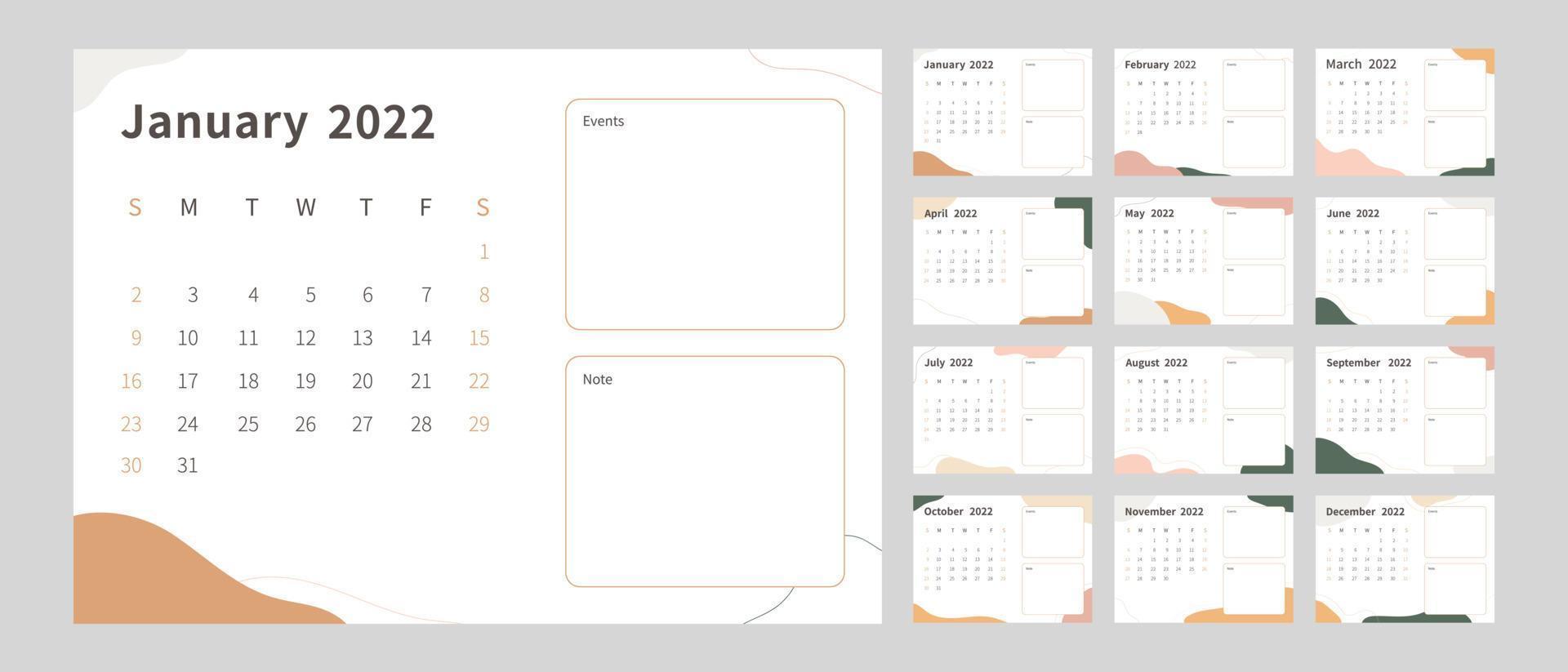 modello di calendario 2022. Set di modelli di pianificatore del calendario 2022. la settimana inizia di domenica. illustrazione vettoriale. vettore