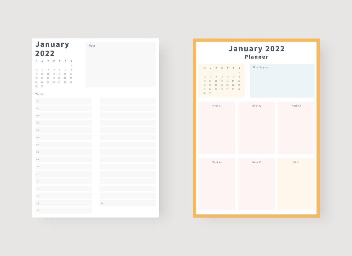 gennaio 2022 set di modelli di pianificatore. set di pianificatore e lista delle cose da fare. modello di pianificatore mensile, settimanale, giornaliero. illustrazione vettoriale. vettore