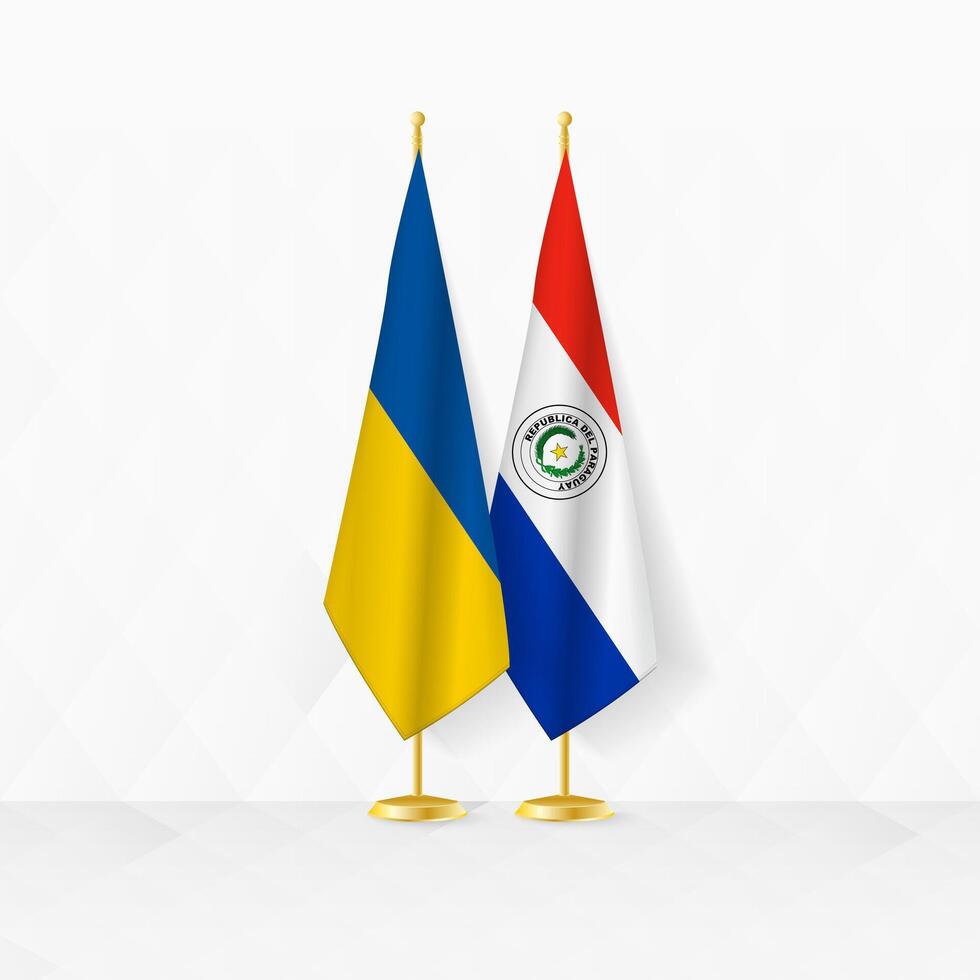 Ucraina e paraguay bandiere su bandiera In piedi, illustrazione per diplomazia e altro incontro fra Ucraina e paraguay. vettore
