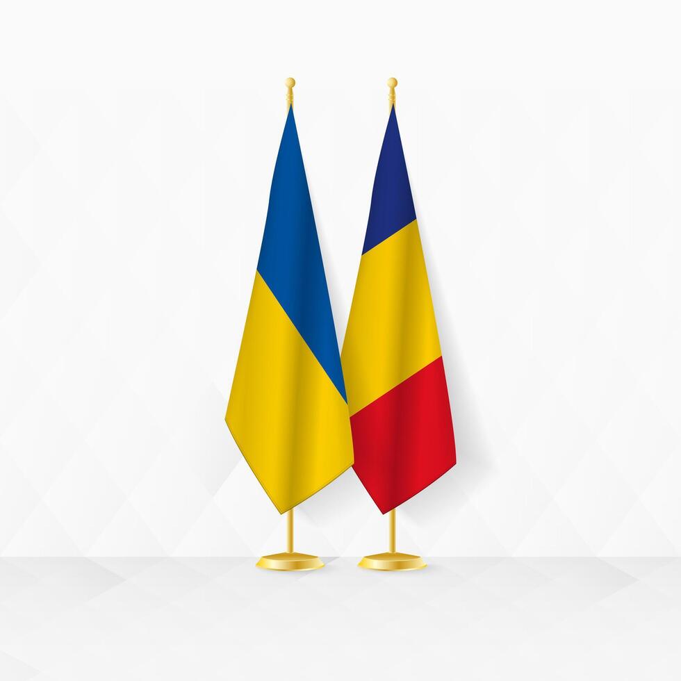 Ucraina e Romania bandiere su bandiera In piedi, illustrazione per diplomazia e altro incontro fra Ucraina e Romania. vettore