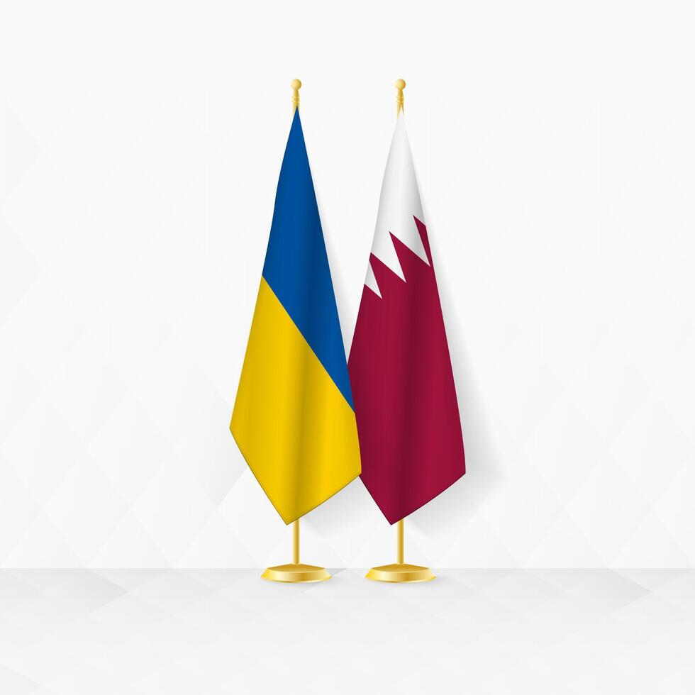 Ucraina e Qatar bandiere su bandiera In piedi, illustrazione per diplomazia e altro incontro fra Ucraina e Qatar. vettore