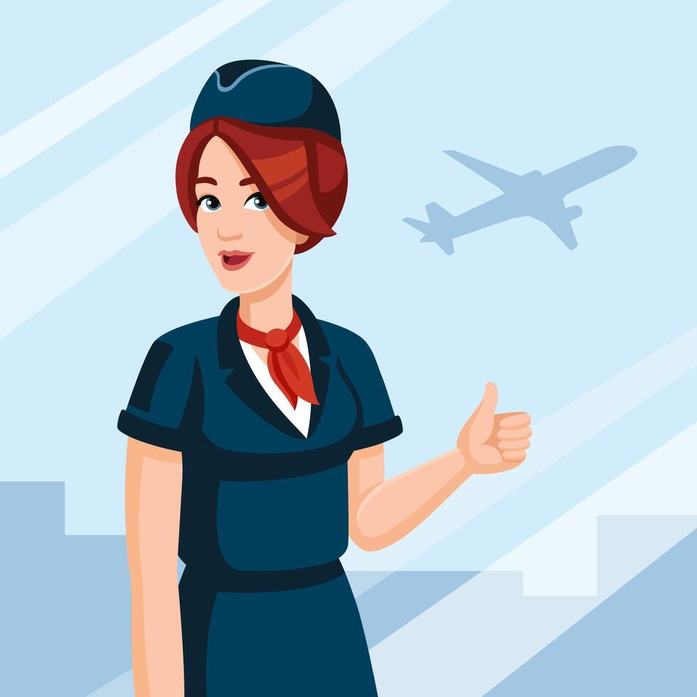 giovane hostess mostrando pollici su a il aeroporto prima volo. in viaggio concetto, piatto disegno, cartone animato stile. vettore illustrazione. aria hostess nel linea aerea uniforme.