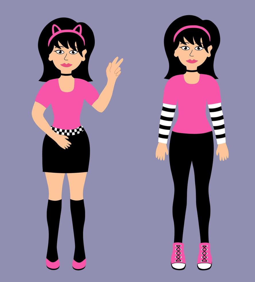 cartone animato Due adolescenziale ragazze emo. giovane donne con nero capelli indossare mini gonna, gatto cerchietto per capelli, pantaloni, scarpe da ginnastica. y2k anni 2000 stile. nero e rosa. vettore piatto illustrazione.