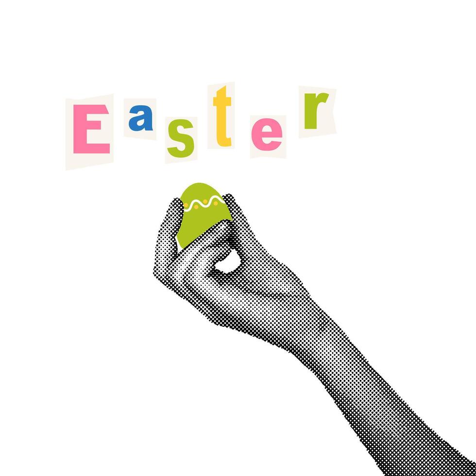 di moda mezzitoni collage. mano con uovo dipinto per Pasqua vacanza. Pasqua saluto. sociale media comunicazione, invito modello, saluti.abstract modello. vettore illustrazione