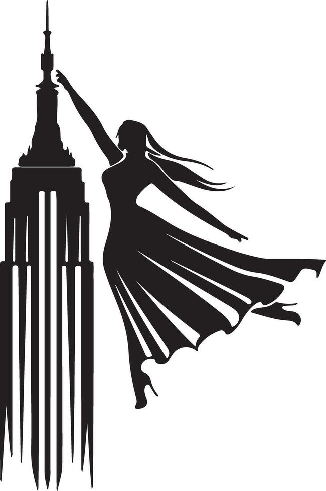 un' nero e bianca Immagine di un' donna danza nel un' nero vestito con un' statua di libertà su esso vettore