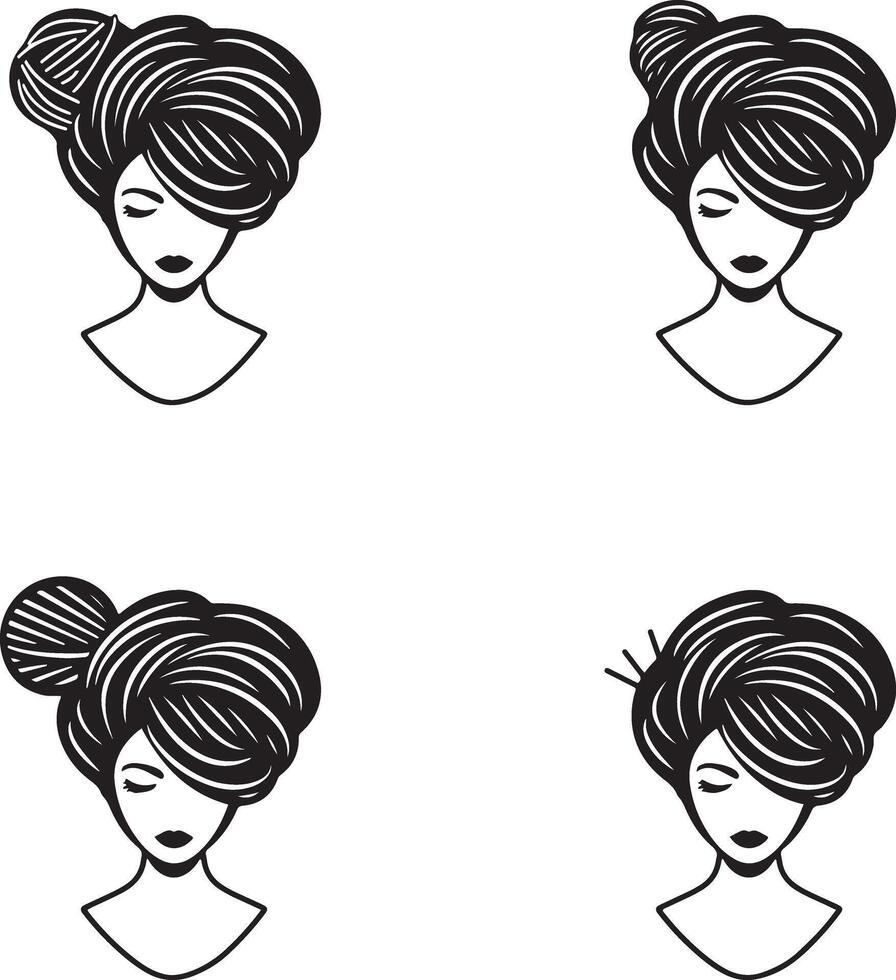 giovane donna con filato palla per capelli, maglieria ago nel capelli, vettoriale linee, monocromatico Nero, bianca sfondo