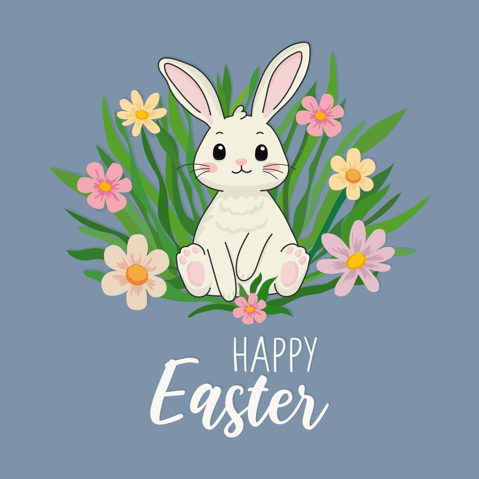 carino coniglio con fiori. saluti e regali per Pasqua giorno vettore