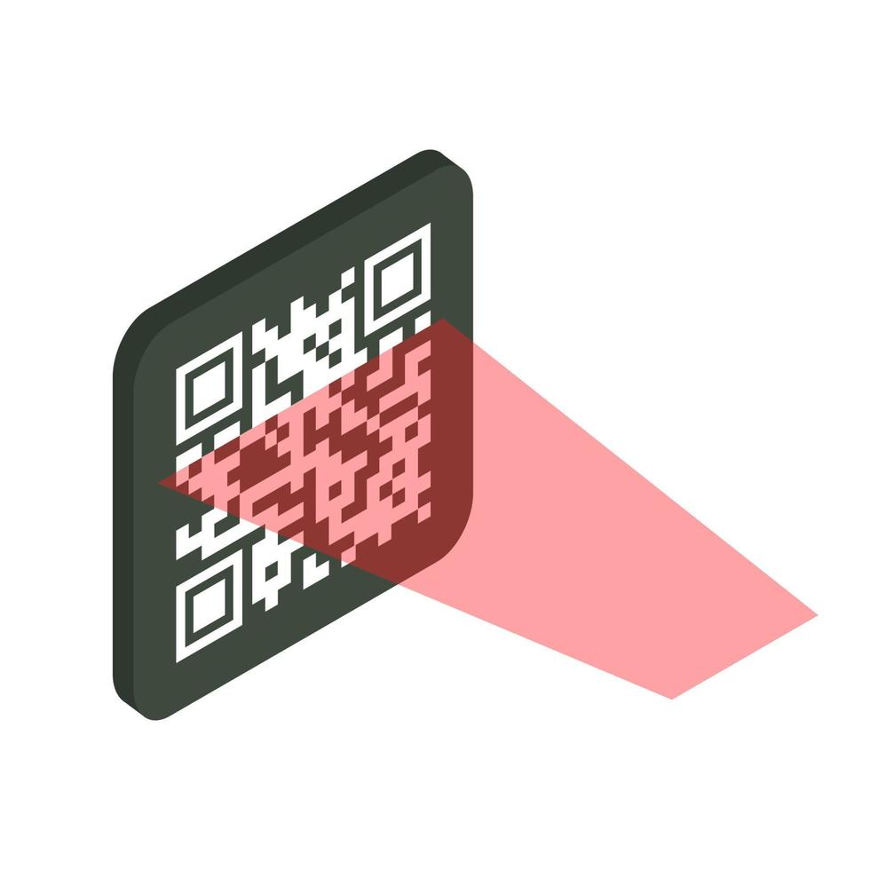 concetto di verifica qr. codice a barre leggibile dalla macchina. il processo di scansione del codice qr con un laser. illustrazione isometrica vettoriale
