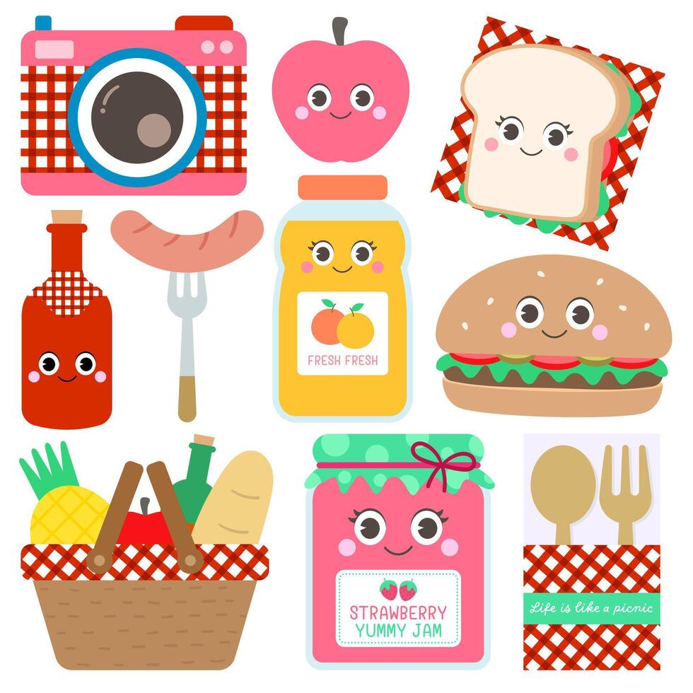 carino mano disegnato kawaii estate picnic impostato vettore illustrazione