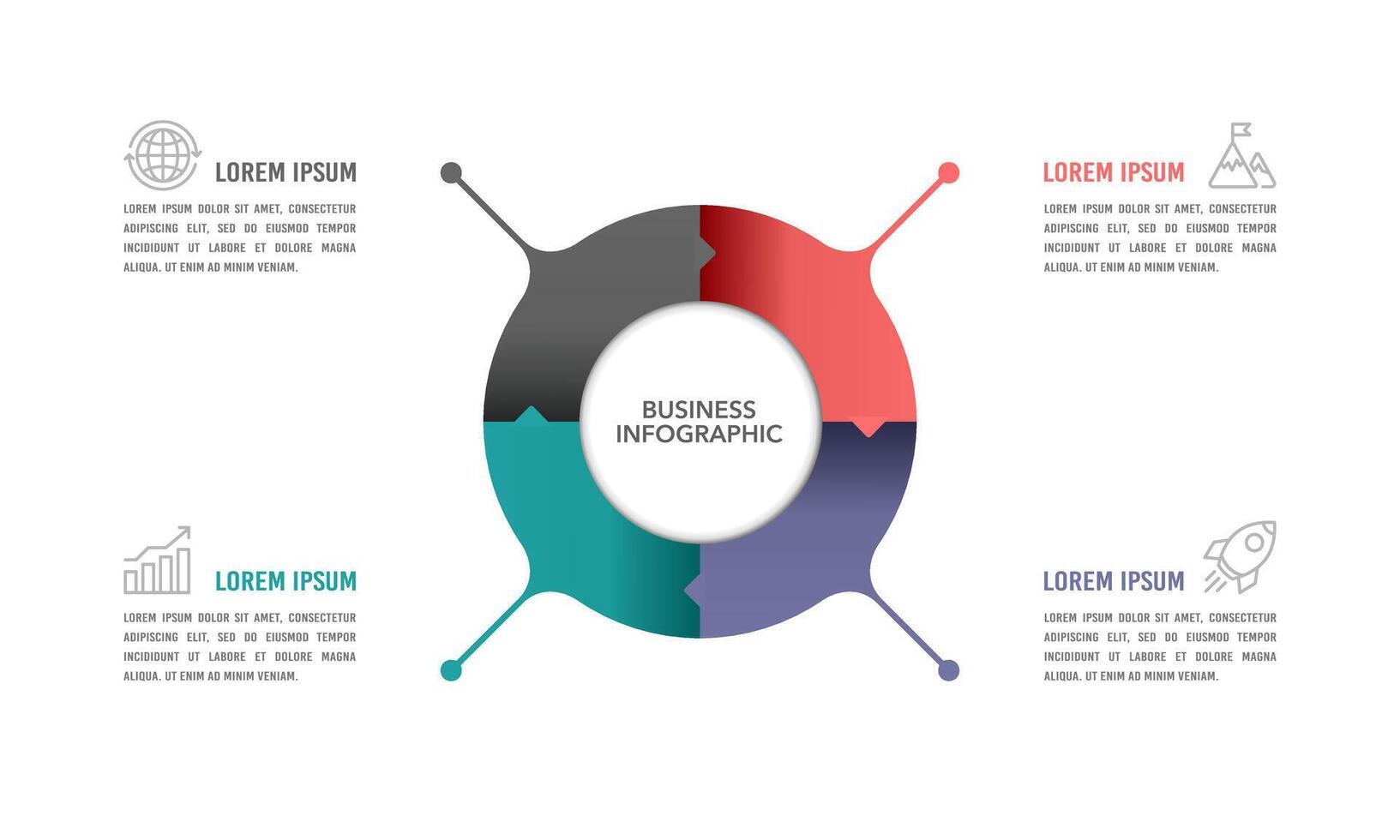 concetto di 4 passo circolare attività commerciale processi. Infografica torte design modello. presentazione, progetto. vettore illustrazione.