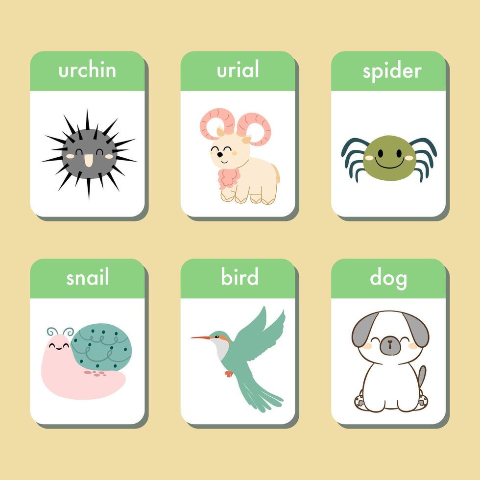 animali flashcard collezione per bambini. veloce carte impostato con carino personaggi per praticante lettura abilità. monello, uriale, ragno, uccello e cane. vettore illustrazione.