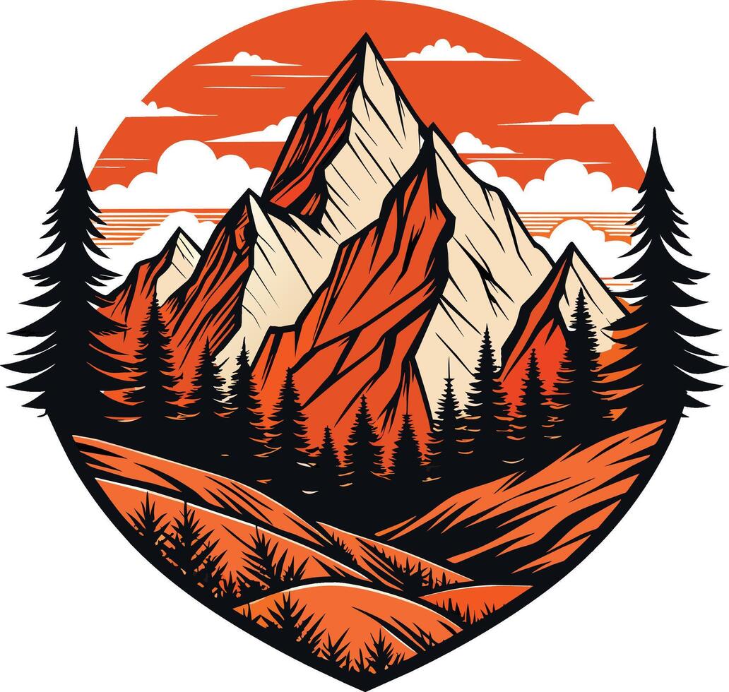 montagne e foresta nel il modulo di un' scudo, vettore illustrazione