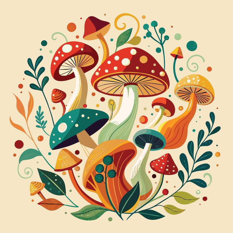 fungo vettore illustrazione. funghi con le foglie e frutti di bosco.