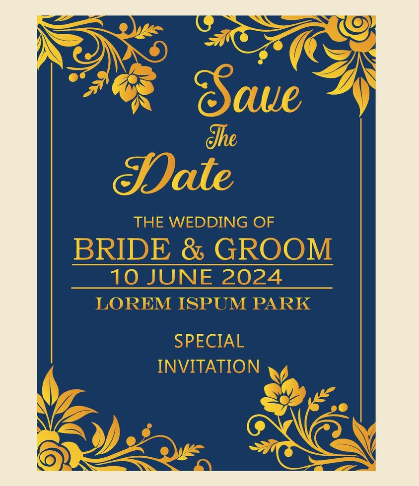 nozze invito carta con d'oro floreale ornamento su blu sfondo. vettore illustrazione
