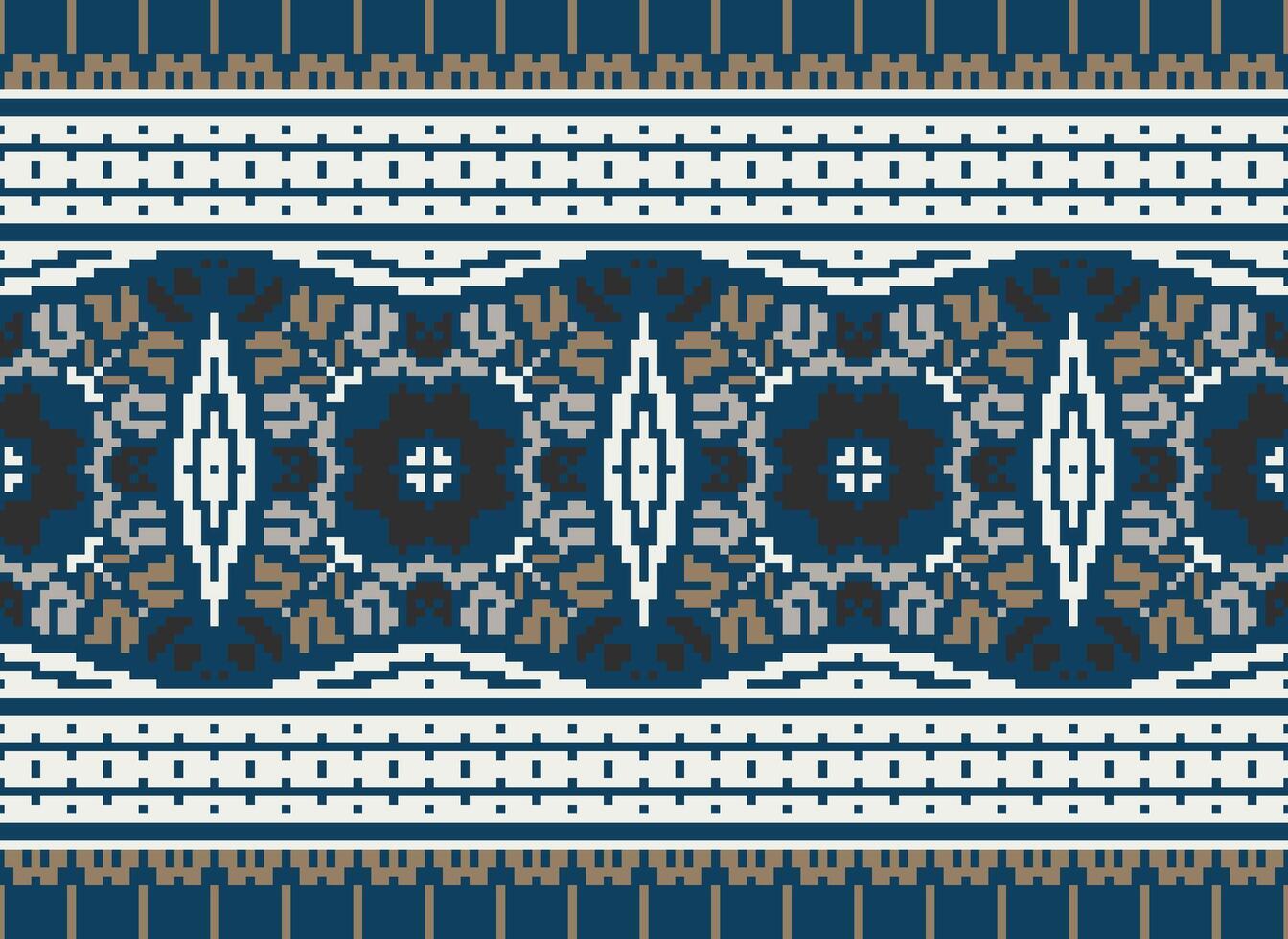 fiore ricamo su Marrone sfondo. ikat e attraversare punto geometrico senza soluzione di continuità modello etnico orientale tradizionale. azteco stile illustrazione design per tappeto, sfondo, vestiario, avvolgere, batik. vettore