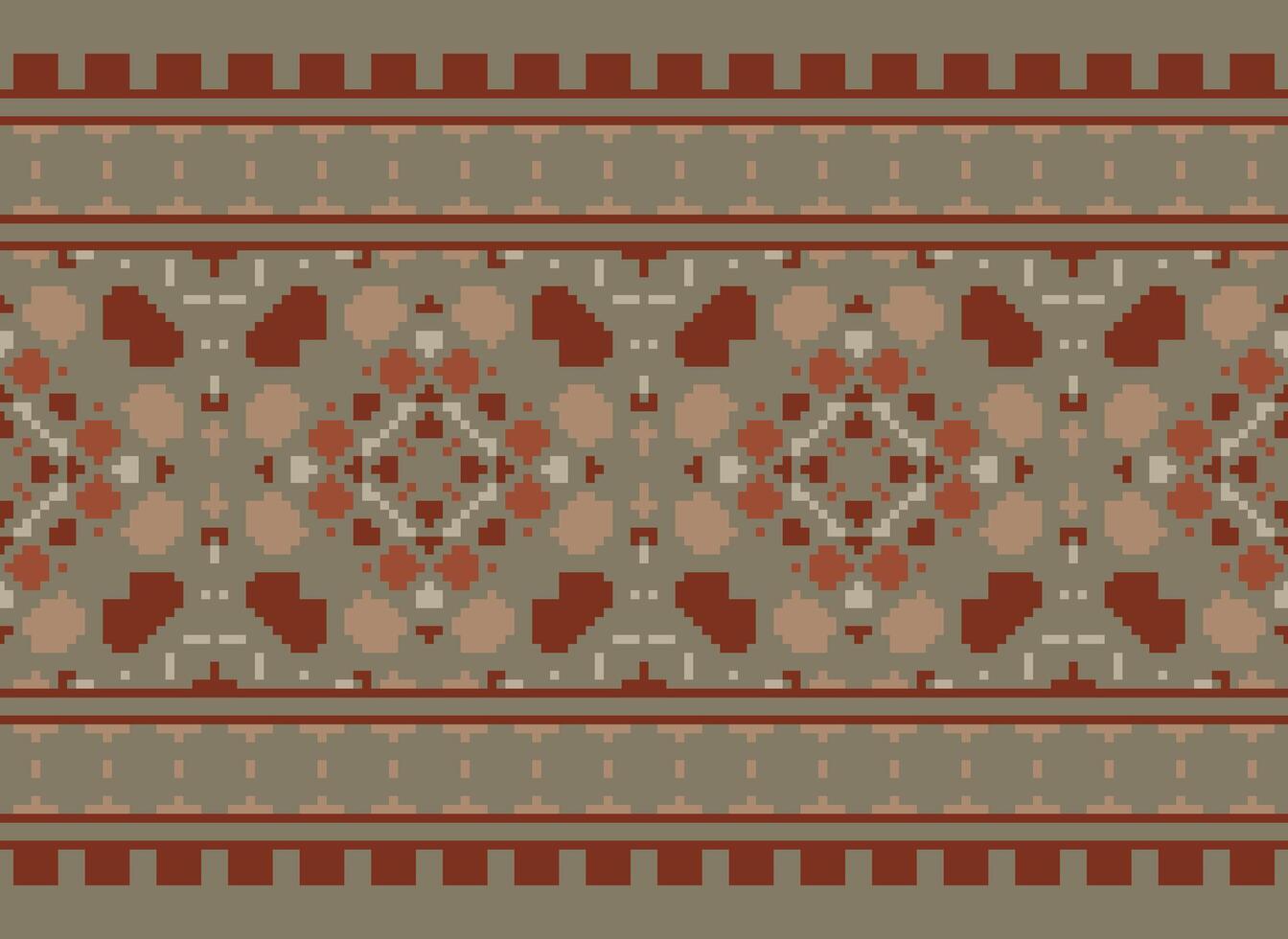 fiore ricamo su Marrone sfondo. ikat e attraversare punto geometrico senza soluzione di continuità modello etnico orientale tradizionale. azteco stile illustrazione design per tappeto, sfondo, vestiario, avvolgere, batik. vettore